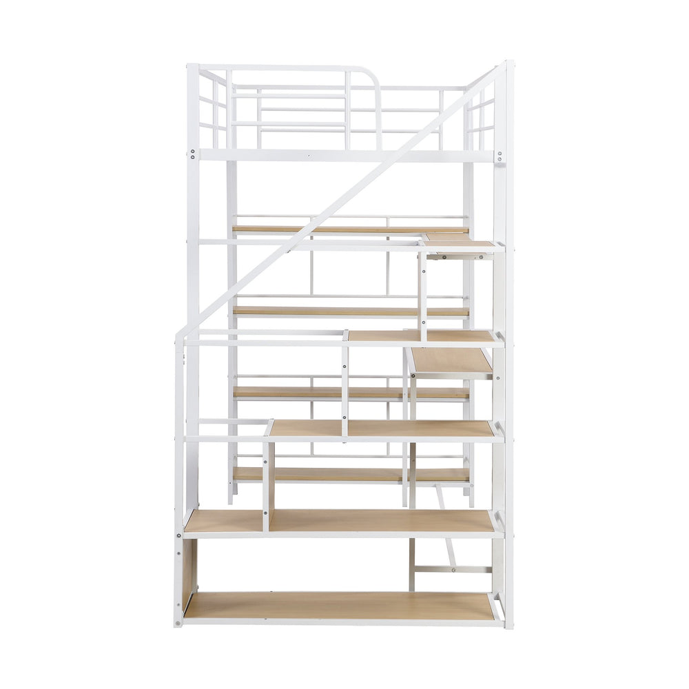 English Elm Twin Metal Loft Bed with Staircase, Built-In Desk & Shelves White — Space-Saving Study Station, Sturdy Metal Frame (Twin) GX001122AAK