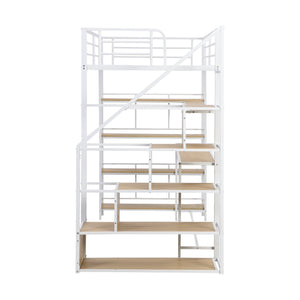English Elm Twin Metal Loft Bed with Staircase, Built-In Desk & Shelves White — Space-Saving Study Station, Sturdy Metal Frame (Twin) GX001122AAK