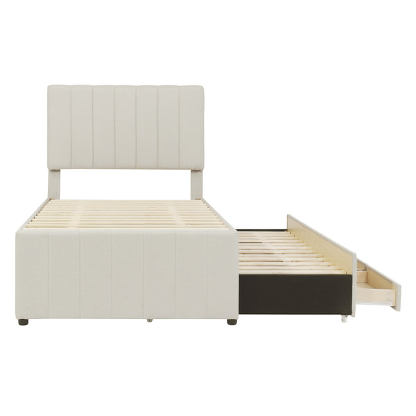 English Elm Twin Upholstered Platform Bed with Trundle & 3 Drawers, Linen Upholstery, Sturdy Wood Frame, Space-Saving Design Beige SF000049AAA