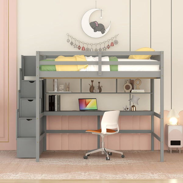English Elm Full Size Loft Bed With Integrated Desk, Storage Staircase & Modern Grey Finish For Space-Saving W504S00109