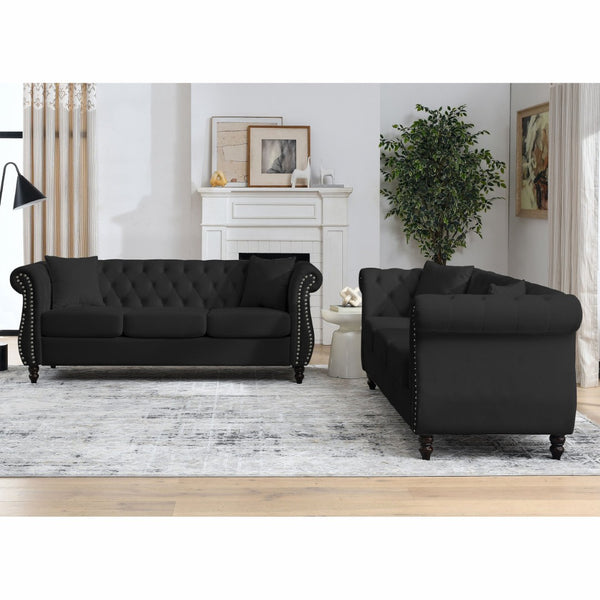 English Elm Luxurious 80" Chesterfield Sofa In Black Velvet - Elegant 3-Seater Couch With Tufted Design W834S00151-GIGA