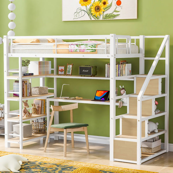 English Elm Twin Metal Loft Bed with Staircase, Built-In Desk & Shelves White — Space-Saving Study Station, Sturdy Metal Frame (Twin) GX001122AAK
