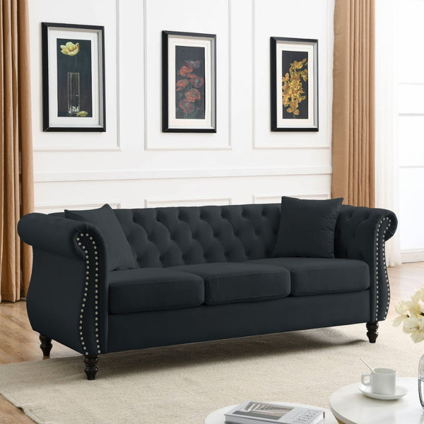 English Elm Luxurious 80" Chesterfield Sofa In Black Velvet – Elegant 3-Seater Tufted Couch With Pillows W834S00516-GIGA