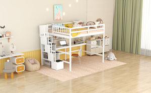 English Elm Full Size Loft Bed With Integrated Desk, Bookshelves & Storage Staircase - Space-Saving Design! W504S00110