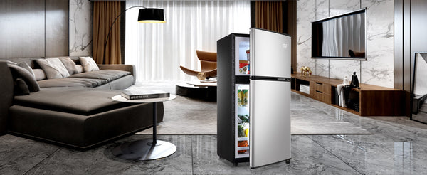 English Elm 3.5cu.ft Two Door Compact Mini Fridge with Top Freezer Tempered Glass Shelves Dorm Bar Silver W1002137470