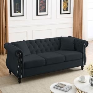 English Elm Elegant 80" Chesterfield Sofa In Luxurious Black Velvet - 3 Seater Couch With Pillows W834S00107-GIGA