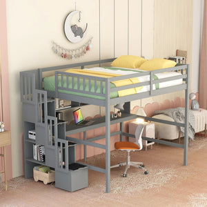 English Elm Full Size Loft Bed With Integrated Desk, Storage Staircase & Modern Grey Finish For Space-Saving W504S00109