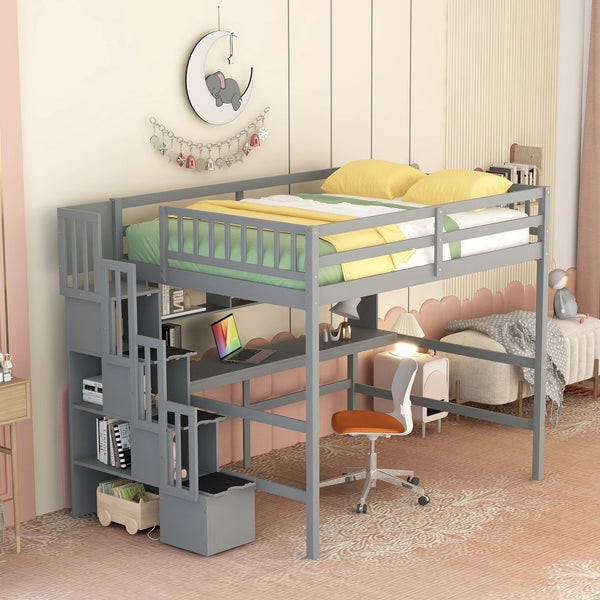 English Elm Full Size Loft Bed With Integrated Desk, Storage Staircase & Modern Grey Finish For Space-Saving W504S00109