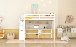 English Elm Full Size Loft Bed With Integrated Desk, Bookshelves & Storage Staircase - Space-Saving Design! W504S00110