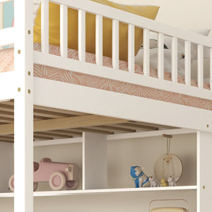 English Elm Full Size Loft Bed With Integrated Desk, Bookshelves & Storage Staircase - Space-Saving Design! W504S00110