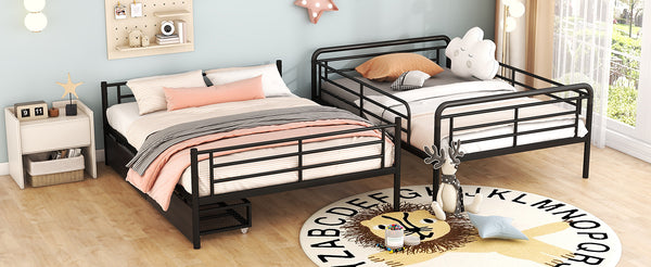 English Elm Full Full XL over Queen Metal Bunk Bed with Chrome Finish, Sturdy Iron Frame, Space-Saving Drawers and Stable Support for Kids and Teens Black SF000027AAB