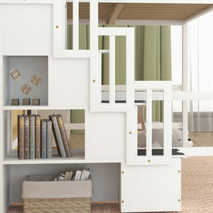 English Elm Full Size Loft Bed With Integrated Desk, Bookshelves & Storage Staircase - Space-Saving Design! W504S00110