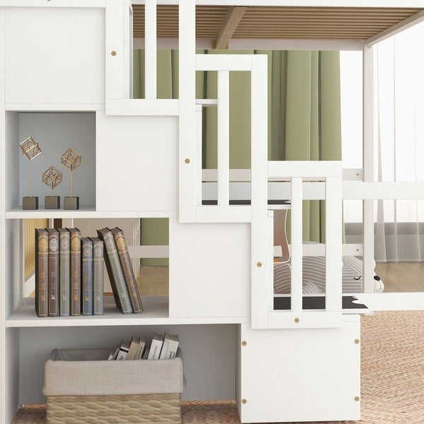 English Elm Full Size Loft Bed With Integrated Desk, Bookshelves & Storage Staircase - Space-Saving Design! W504S00110