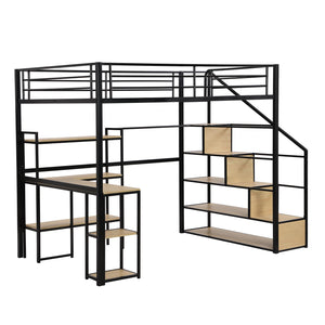 English Elm Full Full Size Metal Loft Bed with Staircase, Built-In Desk & Shelves, Space-Saving Black Steel Design GX001121AAB