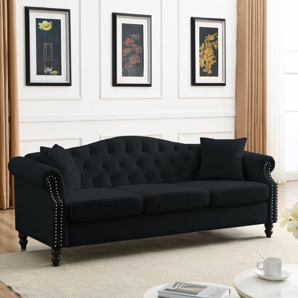 English Elm Luxurious 79" Chesterfield Sofa In Black Velvet - Stylish 3-Seater Tufted Couch With Pillows W834S00109-GIGA