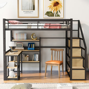 English Elm Full Full Size Metal Loft Bed with Staircase, Built-In Desk & Shelves, Space-Saving Black Steel Design GX001121AAB