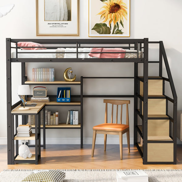 English Elm Full Full Size Metal Loft Bed with Staircase, Built-In Desk & Shelves, Space-Saving Black Steel Design GX001121AAB