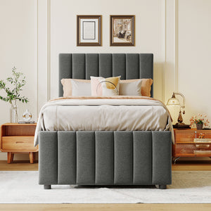 English Elm Twin Upholstered Platform Bed with Trundle & 3 Drawers, Linen Upholstery, Sturdy Wood Frame, Space-Saving Design Gray SF000049AAE