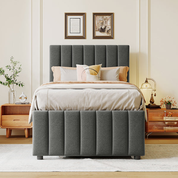 English Elm Twin Upholstered Platform Bed with Trundle & 3 Drawers, Linen Upholstery, Sturdy Wood Frame, Space-Saving Design Gray SF000049AAE