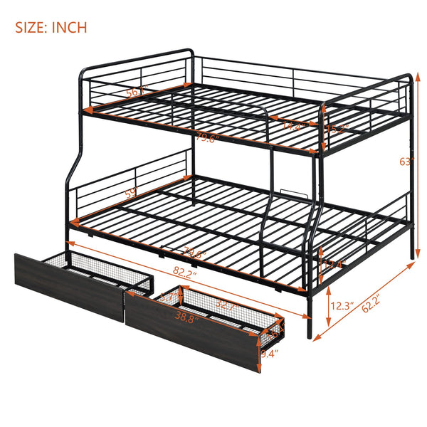English Elm Full Full XL over Queen Metal Bunk Bed with Chrome Finish, Sturdy Iron Frame, Space-Saving Drawers and Stable Support for Kids and Teens Black SF000027AAB