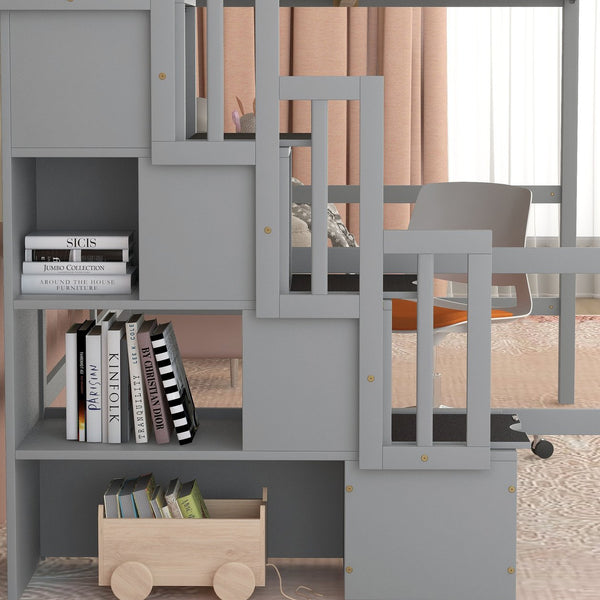 English Elm Full Size Loft Bed With Integrated Desk, Storage Staircase & Modern Grey Finish For Space-Saving W504S00109