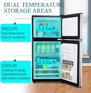 English Elm 3.5cu.ft Two Door Compact Mini Fridge with Top Freezer Tempered Glass Shelves Dorm Bar Silver W1002137470