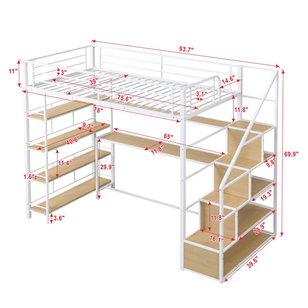 English Elm Twin Metal Loft Bed with Staircase, Built-In Desk & Shelves White — Space-Saving Study Station, Sturdy Metal Frame (Twin) GX001122AAK