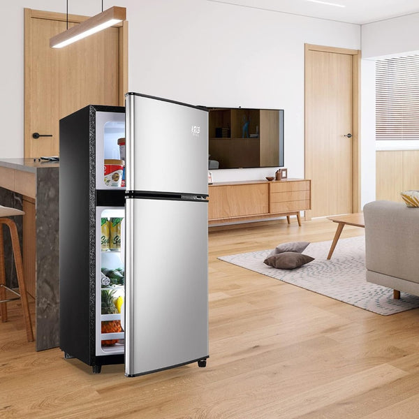 English Elm 3.5cu.ft Two Door Compact Mini Fridge with Top Freezer Tempered Glass Shelves Dorm Bar Silver W1002137470