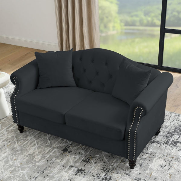 English Elm Luxurious 79" Chesterfield Sofa In Black Velvet - Tufted 3-Seater Couch With Pillows & Style W834S00156-GIGA