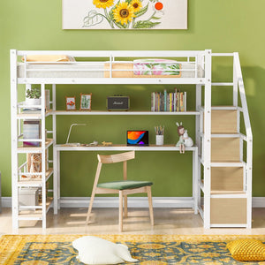 English Elm Twin Metal Loft Bed with Staircase, Built-In Desk & Shelves White — Space-Saving Study Station, Sturdy Metal Frame (Twin) GX001122AAK