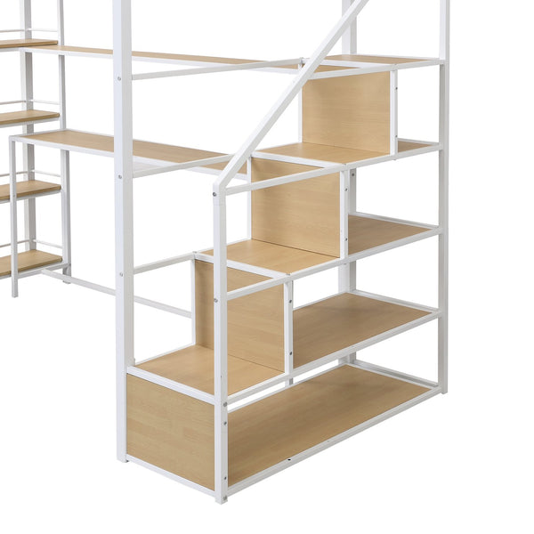 English Elm Twin Metal Loft Bed with Staircase, Built-In Desk & Shelves White — Space-Saving Study Station, Sturdy Metal Frame (Twin) GX001122AAK