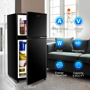 English Elm 3.5cu.ft Two Door Compact Mini Fridge with Top Freezer Tempered Glass Shelves Dorm Bar Black W1002137472