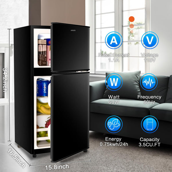English Elm 3.5cu.ft Two Door Compact Mini Fridge with Top Freezer Tempered Glass Shelves Dorm Bar Black W1002137472