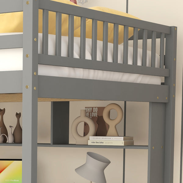 English Elm Full Size Loft Bed With Integrated Desk, Storage Staircase & Modern Grey Finish For Space-Saving W504S00109
