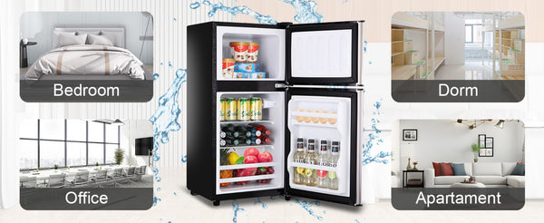 English Elm 3.5cu.ft Two Door Compact Mini Fridge with Top Freezer Tempered Glass Shelves Dorm Bar Silver W1002137470