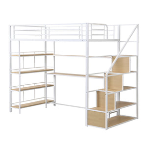 English Elm Twin Metal Loft Bed with Staircase, Built-In Desk & Shelves White — Space-Saving Study Station, Sturdy Metal Frame (Twin) GX001122AAK