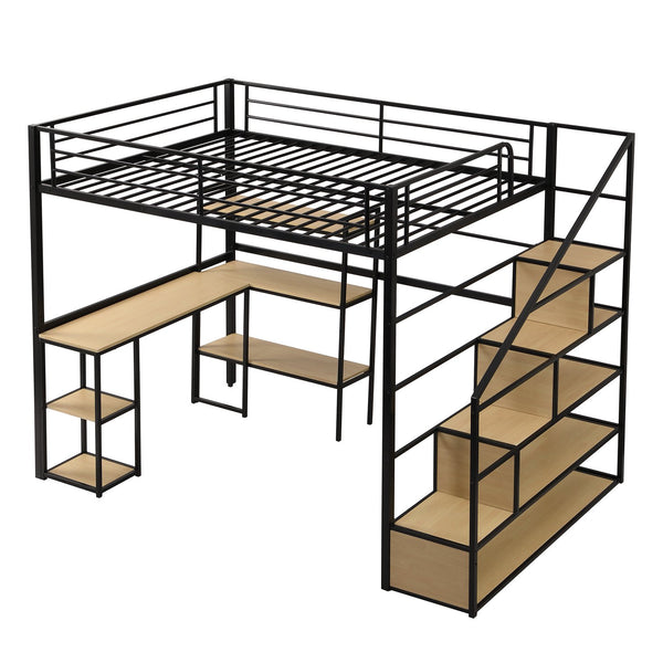 English Elm Full Full Size Metal Loft Bed with Staircase, Built-In Desk & Shelves, Space-Saving Black Steel Design GX001121AAB