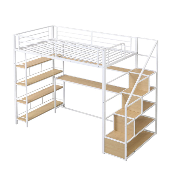 English Elm Twin Metal Loft Bed with Staircase, Built-In Desk & Shelves White — Space-Saving Study Station, Sturdy Metal Frame (Twin) GX001122AAK