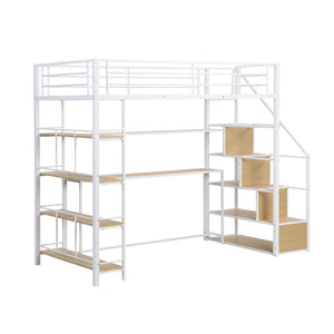 English Elm Twin Metal Loft Bed with Staircase, Built-In Desk & Shelves White — Space-Saving Study Station, Sturdy Metal Frame (Twin) GX001122AAK