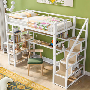 English Elm Twin Metal Loft Bed with Staircase, Built-In Desk & Shelves White — Space-Saving Study Station, Sturdy Metal Frame (Twin) GX001122AAK