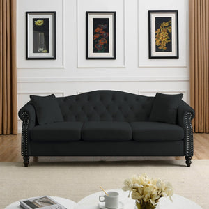 English Elm Luxurious 79" Chesterfield Sofa In Black Velvet - Stylish 3-Seater Tufted Couch With Pillows W834S00109-GIGA