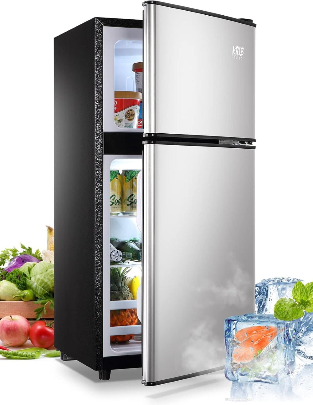 English Elm 3.5cu.ft Two Door Compact Mini Fridge with Top Freezer Tempered Glass Shelves Dorm Bar Silver W1002137470