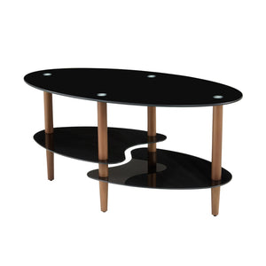 English Elm Black Oval Tempered Glass Coffee Table with Oak Legs Three Tier Living Room W241137476