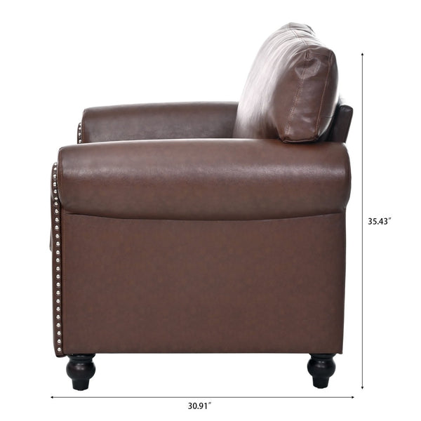 English Elm 1 Seater Pu Leather Armchair Sofa with Rolled Arms and Silver Nail Trim for Living Room Brown Pu W680127308