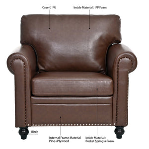 English Elm 1 Seater Pu Leather Accent Chair with Nail Trim Rolled Arms and Birch Legs W680P426993