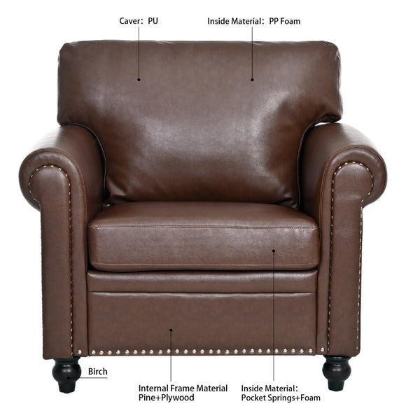 English Elm 1 Seater Pu Leather Accent Chair with Nail Trim Rolled Arms and Birch Legs W680P426993