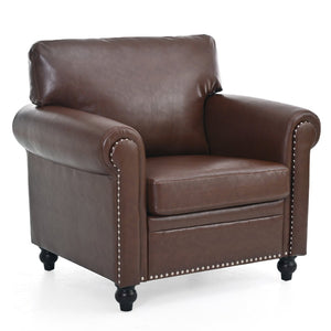 English Elm 1 Seater Pu Leather Accent Chair with Nail Trim Rolled Arms and Birch Legs W680P426993