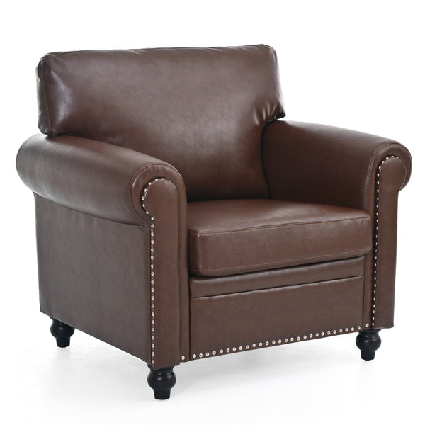 English Elm 1 Seater Pu Leather Accent Chair with Nail Trim Rolled Arms and Birch Legs W680P426993