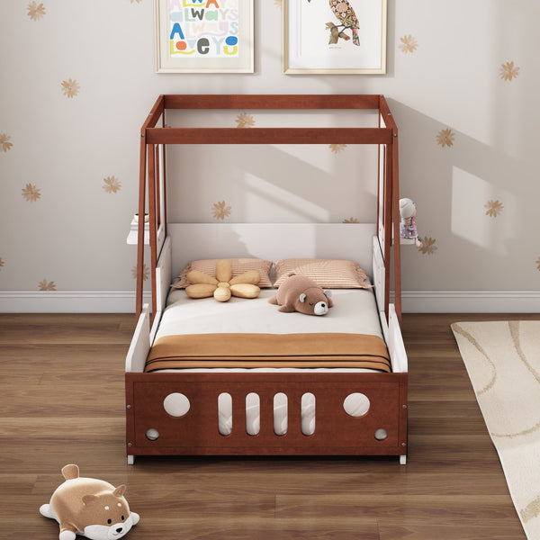 English Elm Fun Play Design Twin Car Bed for Kids Boys Girls Teens - Solid Wood Frame, Imaginative Play Space, White & Orange WF312561AAK