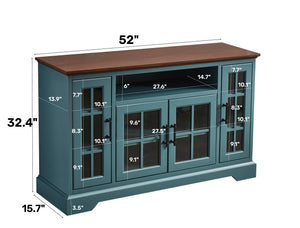 English Elm Buffet Teal Walnut Sideboard with 4 Tempered Glass Doors, Adjustable 5 Shelves, Cable Slots, Vintage Handles W965122600